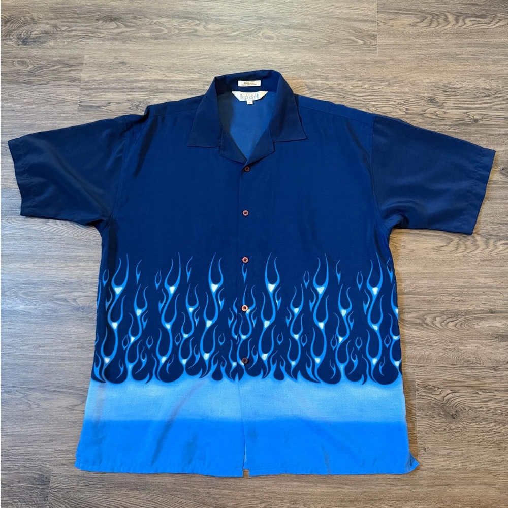 Vintage Elliot Sport Mens XL Blue Flame Y2K Graphic Print Short Sleeve Button Up